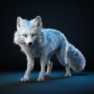 AI animated white fox merrily approaches prey in blue gray colors